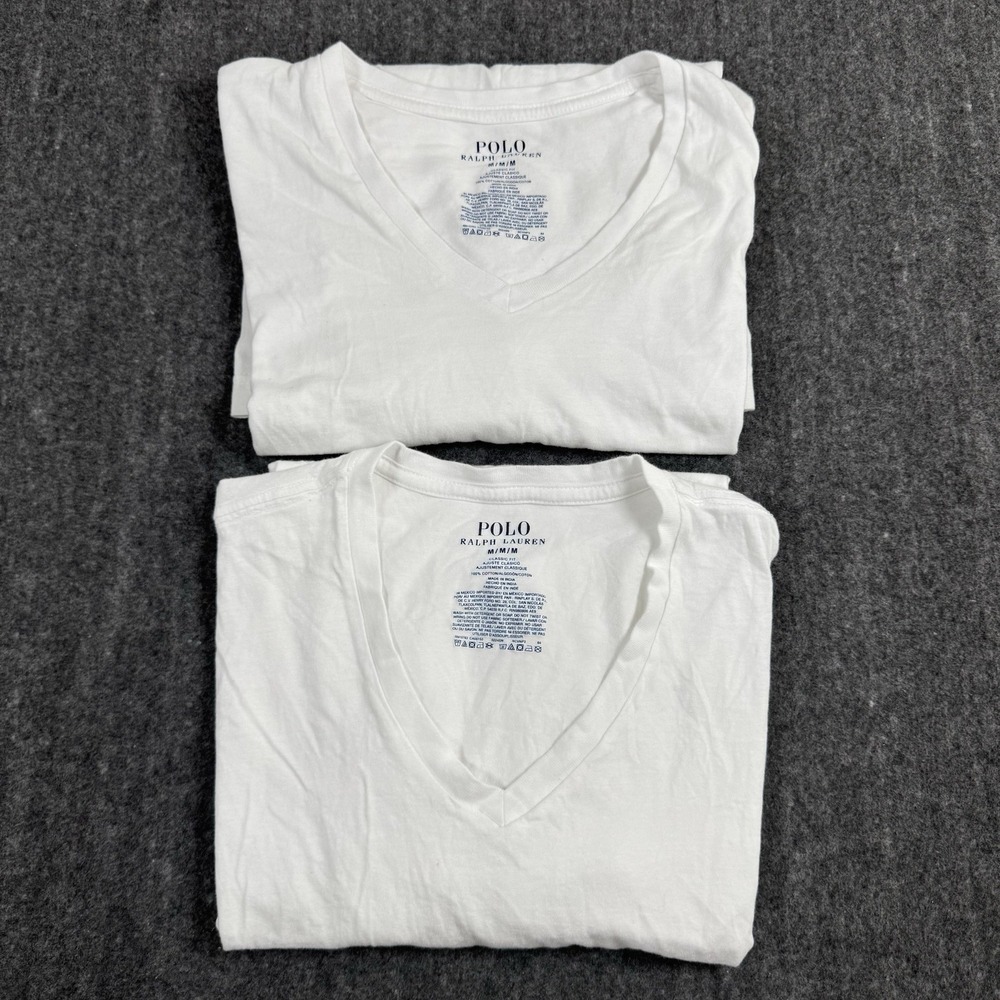 Lot of 2 Polo Ralph Lauren Men's V-Neck T-Shirts Size M White Classic Fit Pony